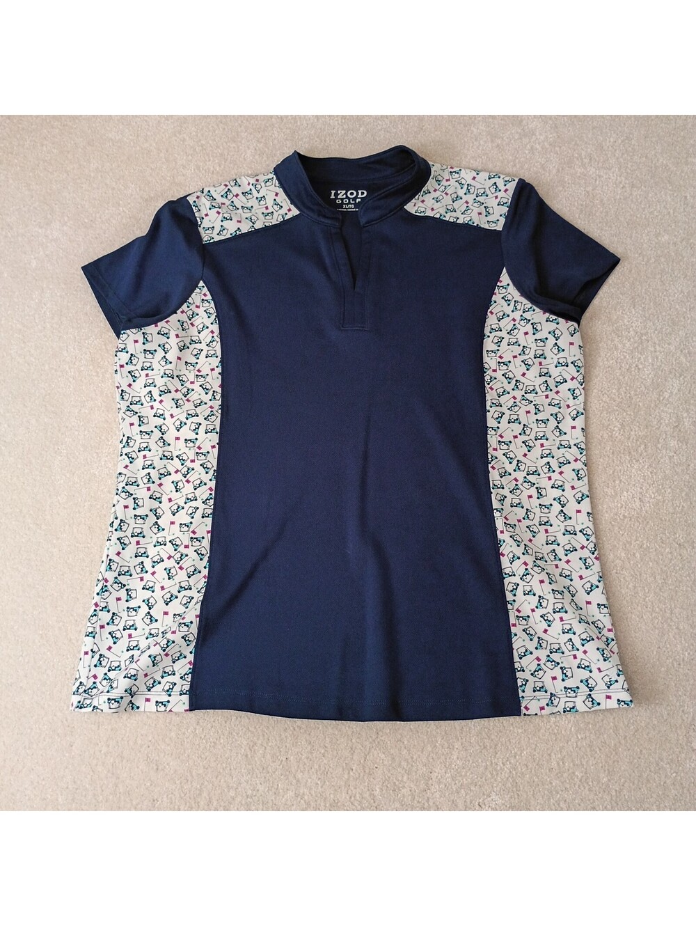 Izod Novelty Print Women’s XL Golf Shirt Blue White Golf Cart Print Slimming